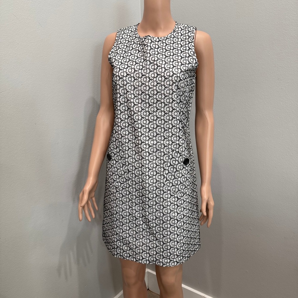 Ann Taylor LOFT Black White Geometric Embroidered Sleeveless Shift Dress 4
